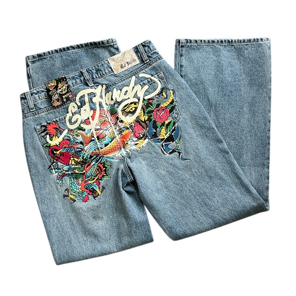 Ed Hardy Denim - Ed Hardy Light Wash Wide Leg Jeans